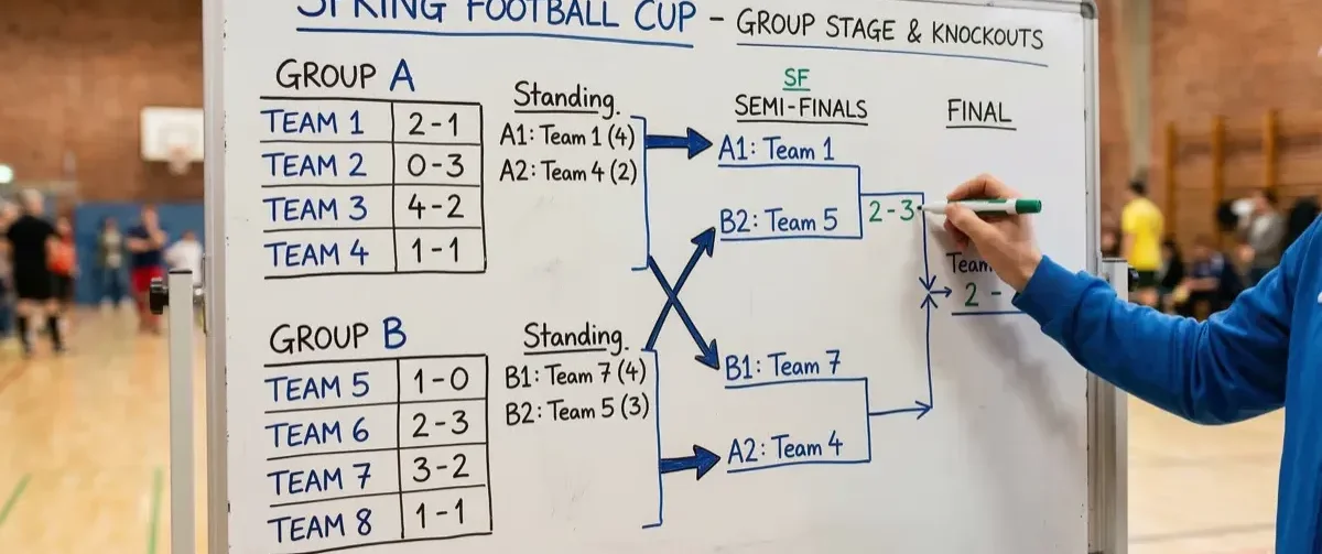Tableau de tournoi avec phase de poules et arbre d'élimination directe