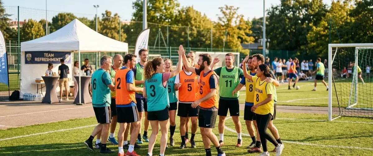 Equipes de collegues celebrant un but lors d'un tournoi d'entreprise