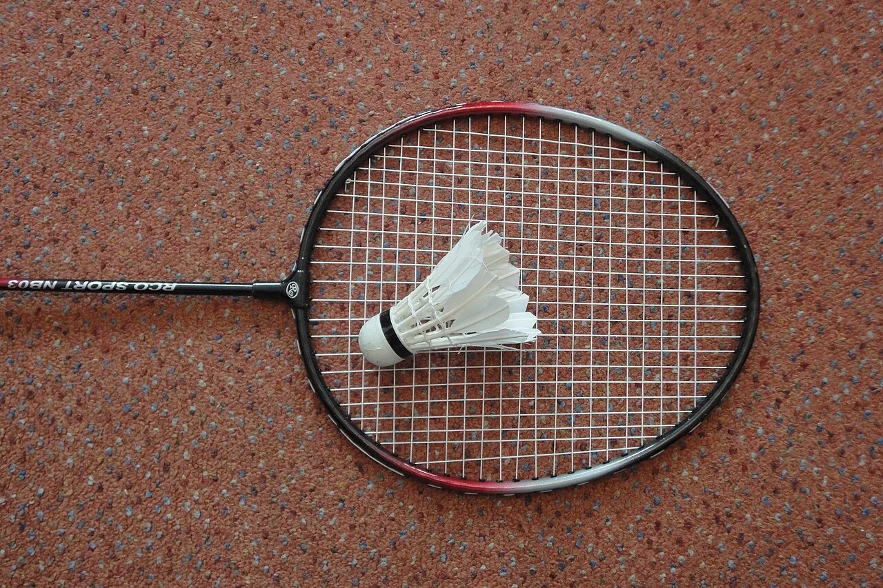 A badminton racket and shuttlecock lying on the ground