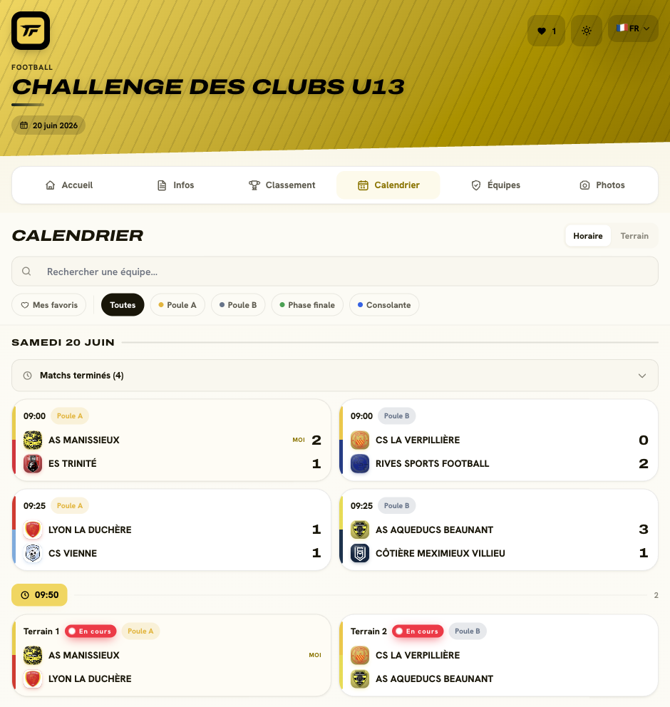 Lien public du Challenge U13 : calendrier de football, favoris, écussons et résultats des deux poules.