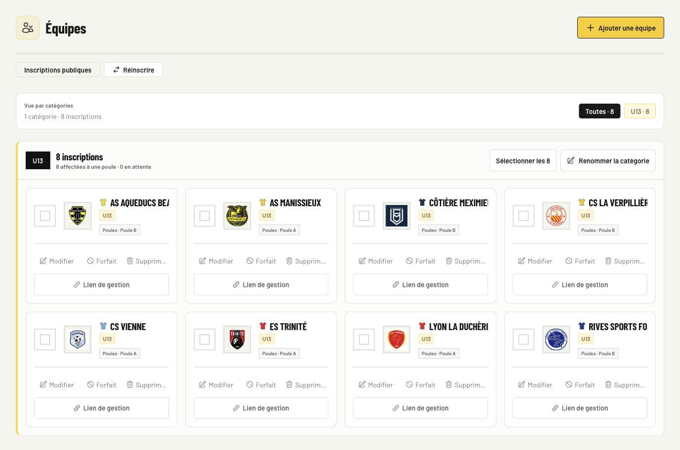 Les huit clubs du Challenge U13, avec leurs écussons, leur catégorie et leur poule.
